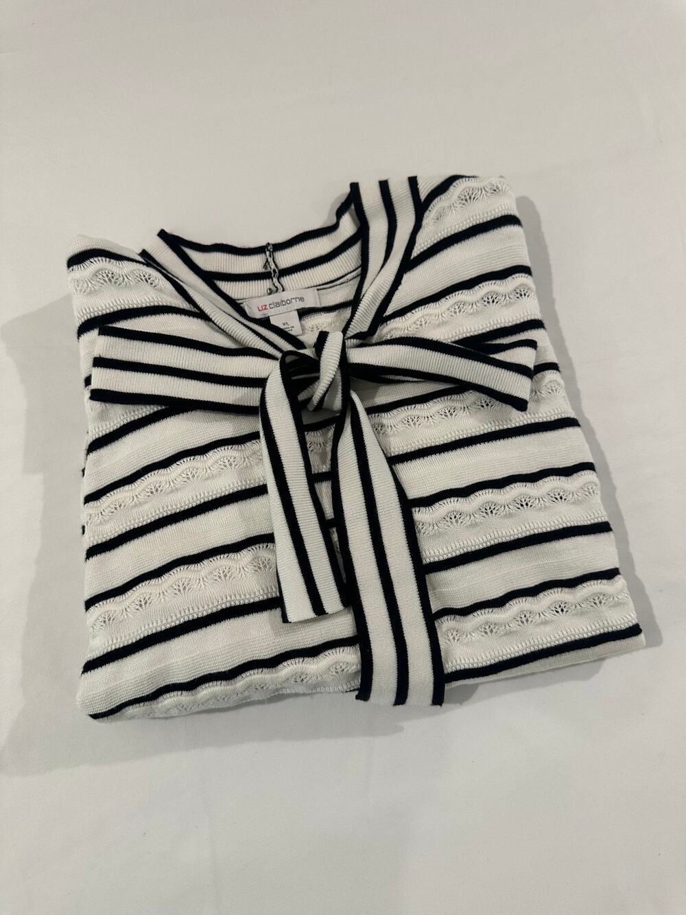 Liz Claiborne XL Black White Striped Sweater Tie Neck Puff Sleeve Top